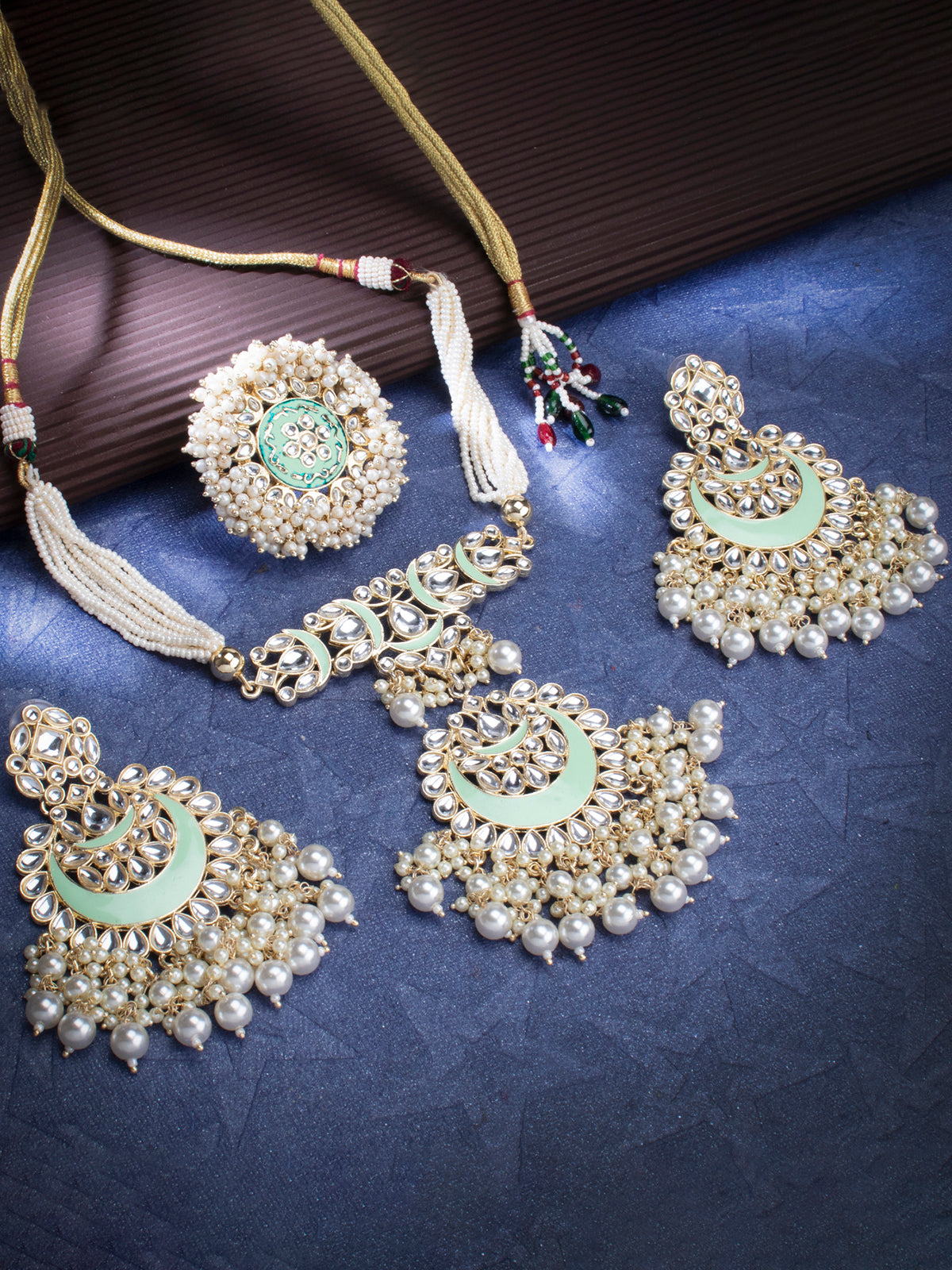 Sukkhi Delicate Gold Plated Kundan & Pearl Mint Choker Necklace Combo Set Worn By Karisma Kapoor CBMIX100652