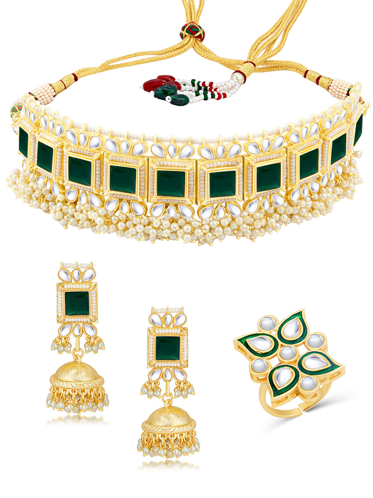 Sukkhi Classic Pearl Gold Plated Kundan & Pearl Choker Necklace Combo Set Worn By Karisma Kapoor CBMIX100653