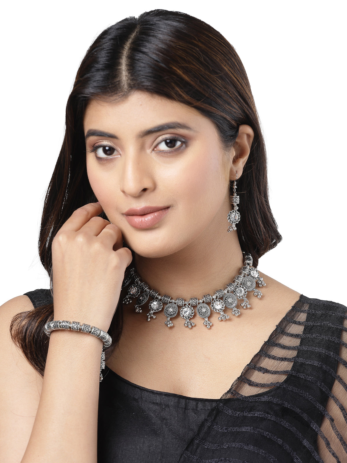 Sukkhi Iconic Oxidised Rhodium Plated  With Crystal Stones Studded Choker Necklace Set with Dangler Earring & Adjustable Bracelet Combo Jewellery Set For Women & Girls|Set of 1|CBMIX106030