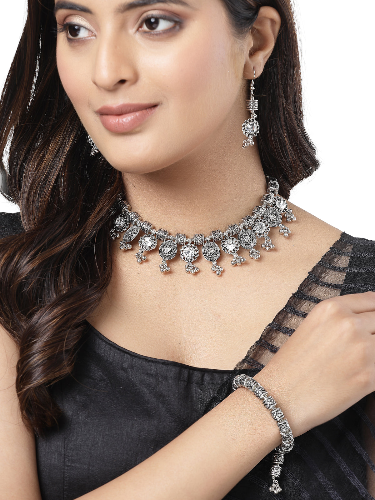 Sukkhi Iconic Oxidised Rhodium Plated  With Crystal Stones Studded Choker Necklace Set with Dangler Earring & Adjustable Bracelet Combo Jewellery Set For Women & Girls|Set of 1|CBMIX106030