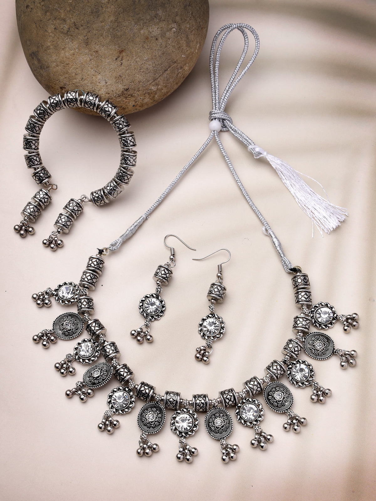 Sukkhi Iconic Oxidised Rhodium Plated  With Crystal Stones Studded Choker Necklace Set with Dangler Earring & Adjustable Bracelet Combo Jewellery Set For Women & Girls|Set of 1|CBMIX106030
