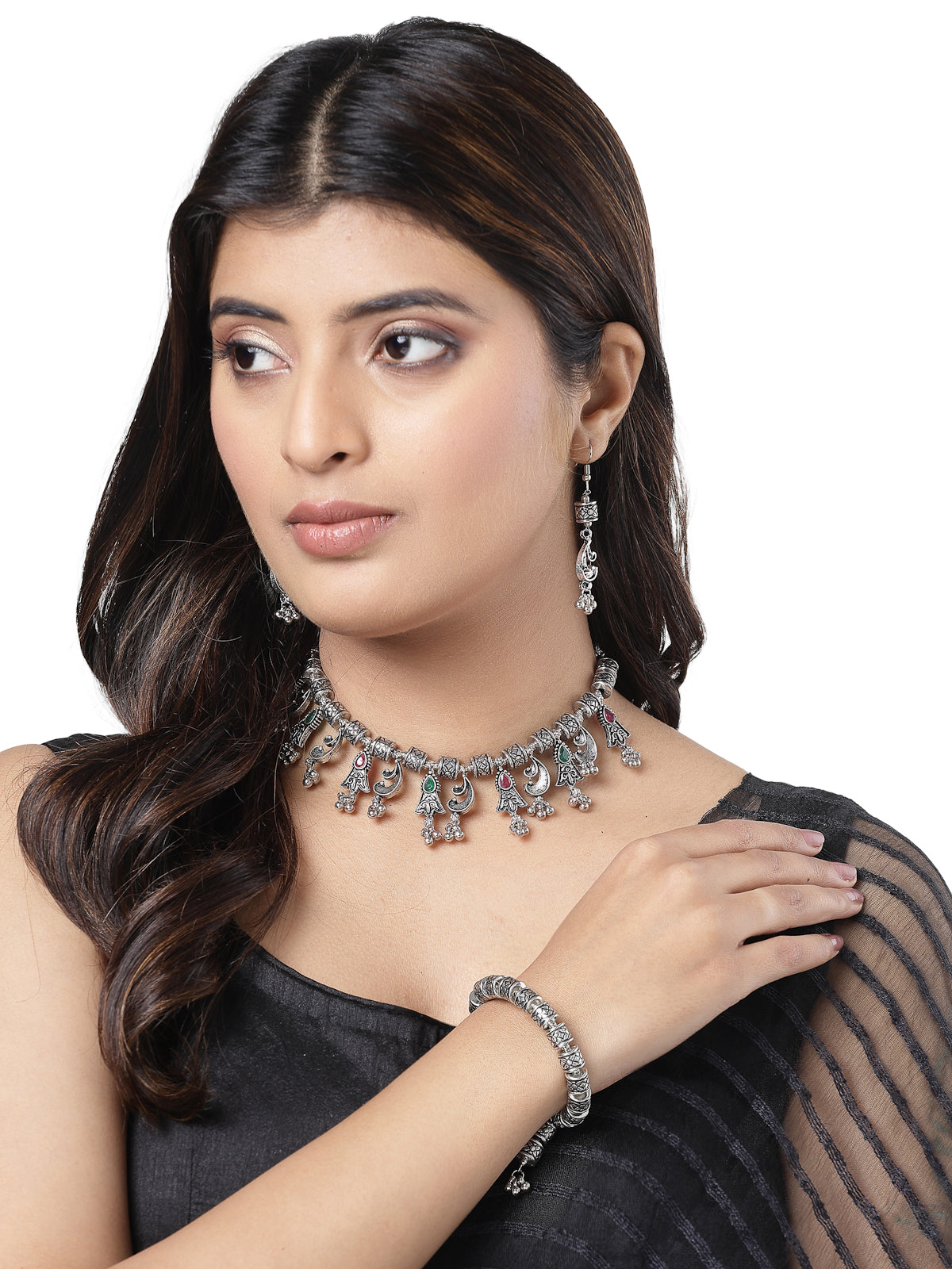 Sukkhi Pretty Oxidised Rhodium Plated With AD Stones Silver Chokder Necklace Set with Dangler Earring & Adjustable Bracelet Combo Jewellery Set For Women & Girls |Set of 1|CBMIX106031