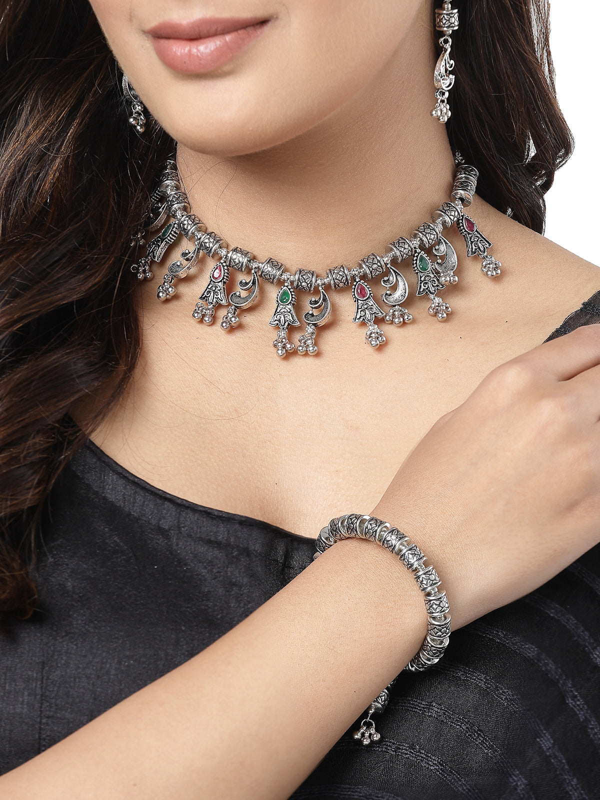 Sukkhi Pretty Oxidised Rhodium Plated With AD Stones Silver Chokder Necklace Set with Dangler Earring & Adjustable Bracelet Combo Jewellery Set For Women & Girls |Set of 1|CBMIX106031