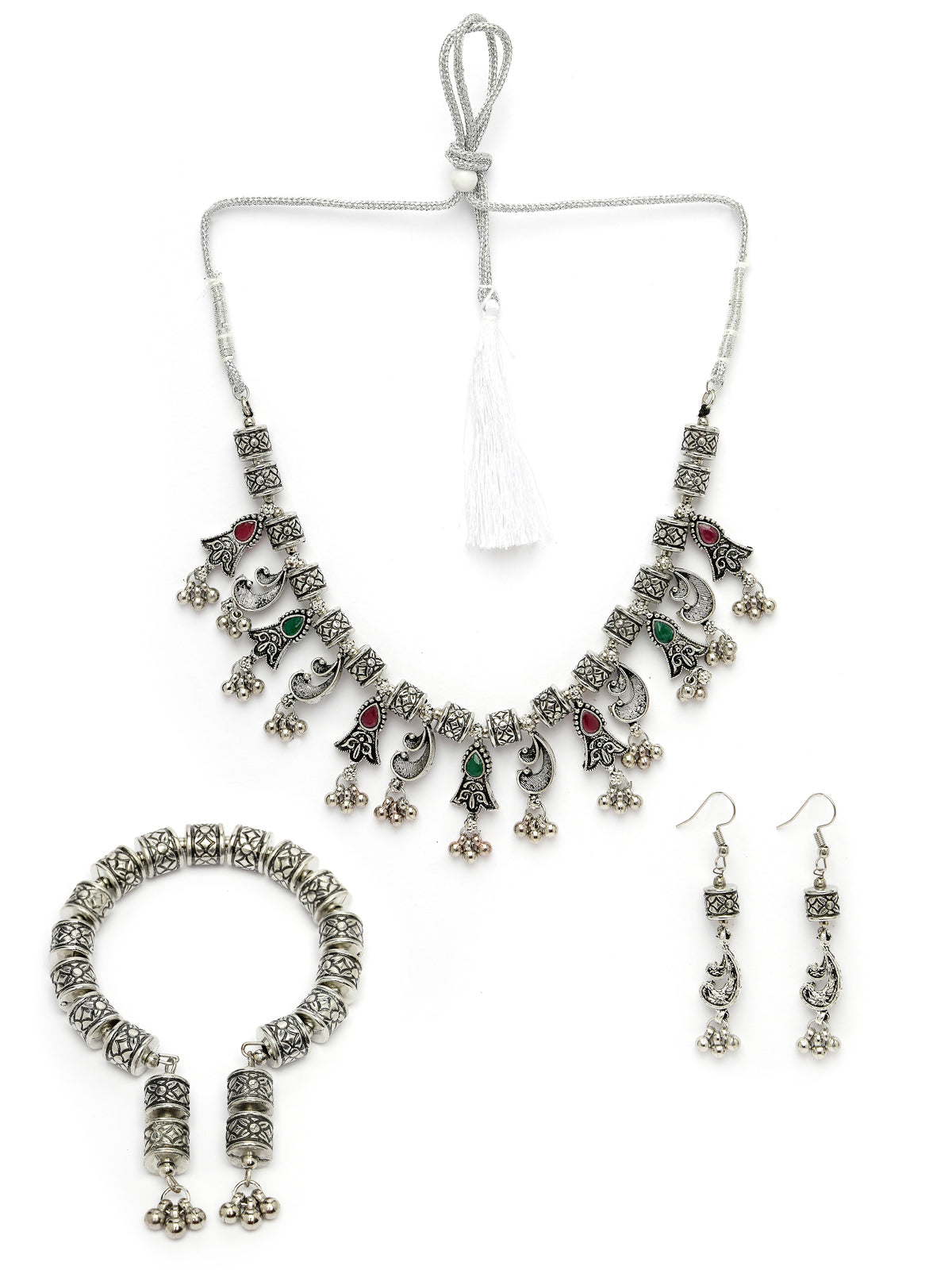 Sukkhi Pretty Oxidised Rhodium Plated With AD Stones Silver Chokder Necklace Set with Dangler Earring & Adjustable Bracelet Combo Jewellery Set For Women & Girls |Set of 1|CBMIX106031