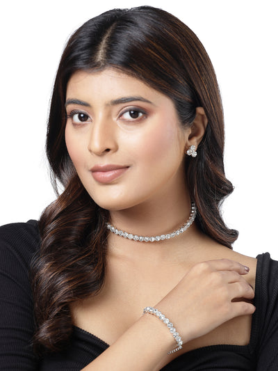 Sukkhi Decorative Crystals Stones Studded Rhodium Plated Choker Necklace Set with Studs Earrings & Adjustable Bracelet Combo Jewellery Set For Women & Girls|Set of 1|CBMIX106866