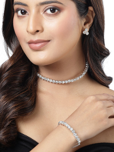 Sukkhi Decorative Crystals Stones Studded Rhodium Plated Choker Necklace Set with Studs Earrings & Adjustable Bracelet Combo Jewellery Set For Women & Girls|Set of 1|CBMIX106866