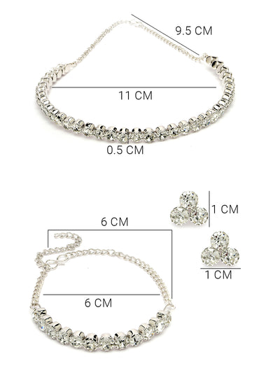 Sukkhi Decorative Crystals Stones Studded Rhodium Plated Choker Necklace Set with Studs Earrings & Adjustable Bracelet Combo Jewellery Set For Women & Girls|Set of 1|CBMIX106866