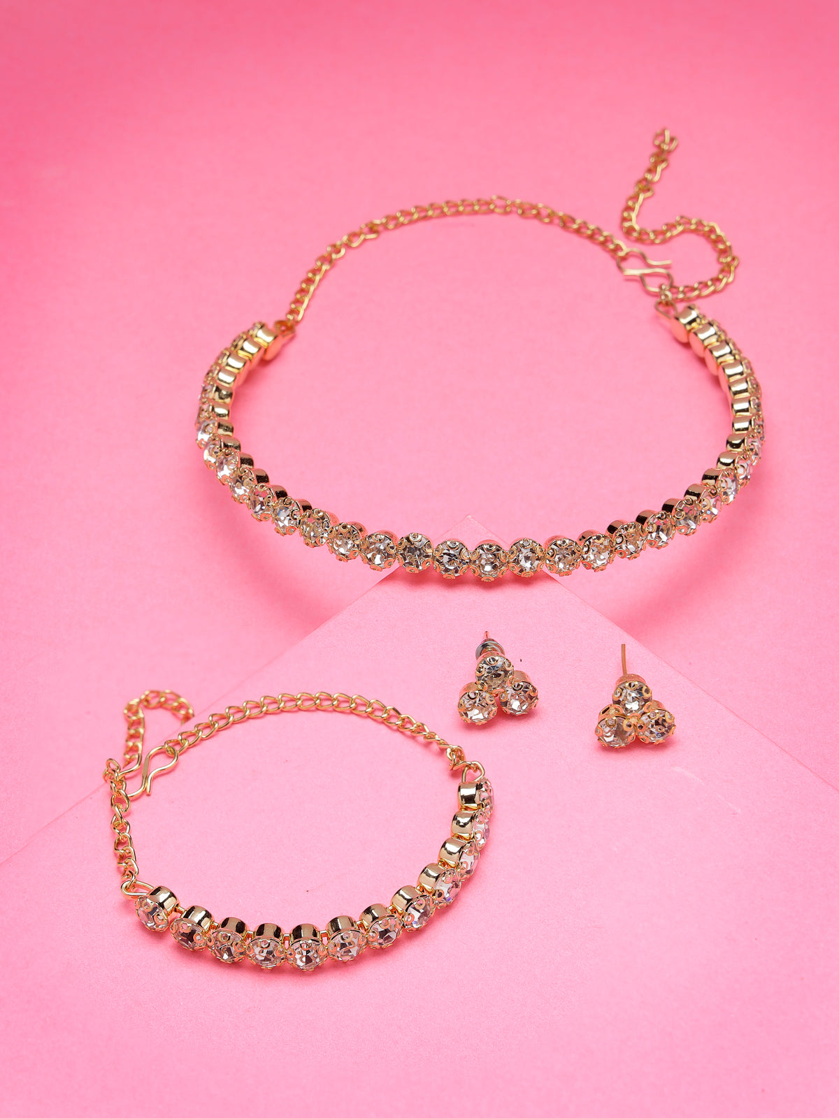 Sukkhi Decorative Crystals Stones Studded Gold Plated Choker Necklace Set with Studs Earrings & Adjustable Bracelet Combo Jewellery Set For Women & Girls|Set of 1|CBMIX106867