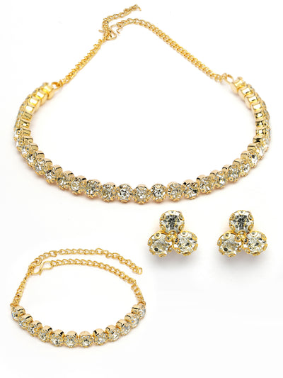 Sukkhi Decorative Crystals Stones Studded Gold Plated Choker Necklace Set with Studs Earrings & Adjustable Bracelet Combo Jewellery Set For Women & Girls|Set of 1|CBMIX106867