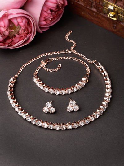 Sukkhi Decorative Crystals Stones Studded Rose Gold Plated Choker Necklace Set with Studs Earrings & Adjustable Bracelet Combo Jewellery Set For Women & Girls|Set of 1|CBMIX106868