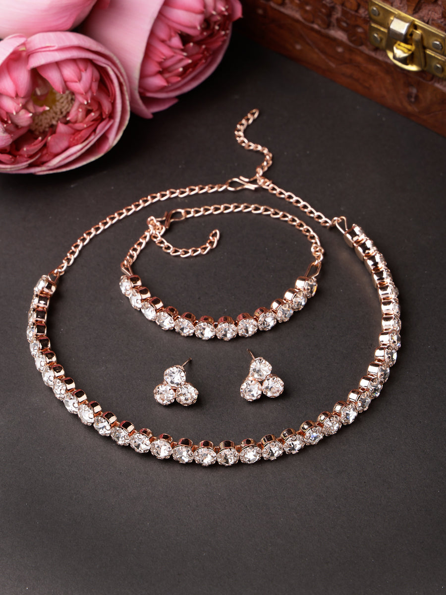 Sukkhi Decorative Crystals Stones Studded Rose Gold Plated Choker Necklace Set with Studs Earrings & Adjustable Bracelet Combo Jewellery Set For Women & Girls|Set of 1|CBMIX106868