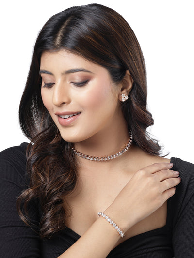 Sukkhi Decorative Crystals Stones Studded Rose Gold Plated Choker Necklace Set with Studs Earrings & Adjustable Bracelet Combo Jewellery Set For Women & Girls|Set of 1|CBMIX106868