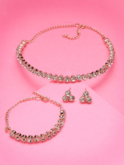 Sukkhi Decorative Crystals Stones Studded Rose Gold Plated Choker Necklace Set with Studs Earrings & Adjustable Bracelet Combo Jewellery Set For Women & Girls|Set of 1|CBMIX106868
