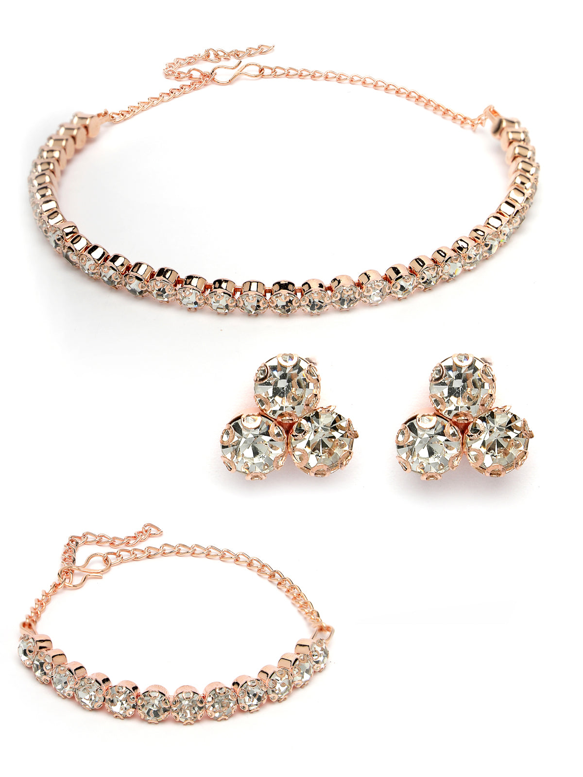 Sukkhi Decorative Crystals Stones Studded Rose Gold Plated Choker Necklace Set with Studs Earrings & Adjustable Bracelet Combo Jewellery Set For Women & Girls|Set of 1|CBMIX106868