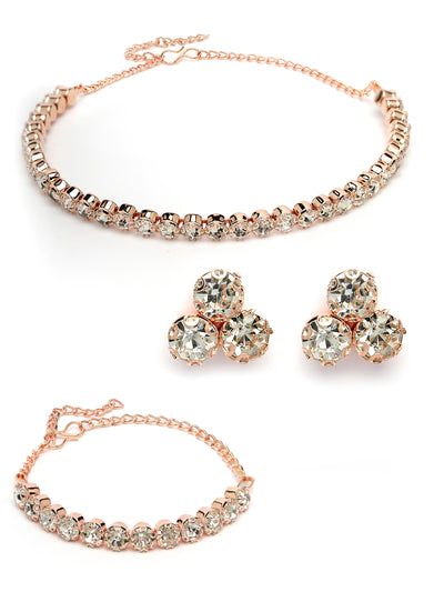 Sukkhi Decorative Crystals Stones Studded Rose Gold Plated Choker Necklace Set with Studs Earrings & Adjustable Bracelet Combo Jewellery Set For Women & Girls|Set of 1|CBMIX106868
