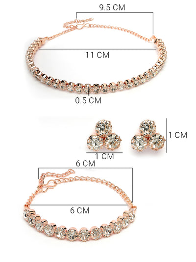 Sukkhi Decorative Crystals Stones Studded Rose Gold Plated Choker Necklace Set with Studs Earrings & Adjustable Bracelet Combo Jewellery Set For Women & Girls|Set of 1|CBMIX106868