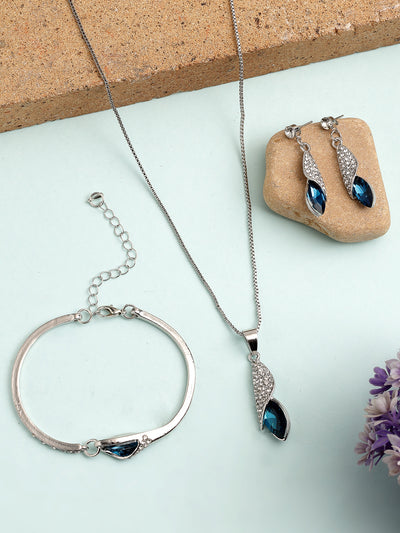 Scintillare By Sukkhi Italian Fashionable Design Rhodium Plated Crystal Stone Studded Non Precious Metal Blue Pendant with Dangle Earring Bracelet Combo Jewellery for Women & Girls|CBMIX107209
