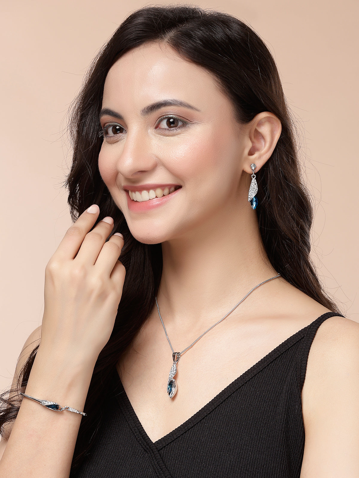 Scintillare By Sukkhi Italian Fashionable Design Rhodium Plated Crystal Stone Studded Non Precious Metal Blue Pendant with Dangle Earring Bracelet Combo Jewellery for Women & Girls|CBMIX107209