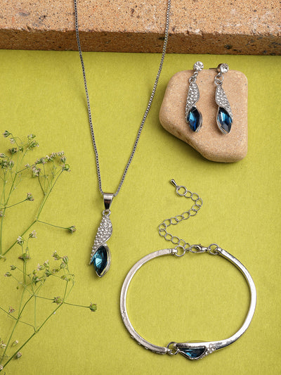 Scintillare By Sukkhi Italian Fashionable Design Rhodium Plated Crystal Stone Studded Non Precious Metal Blue Pendant with Dangle Earring Bracelet Combo Jewellery for Women & Girls|CBMIX107209