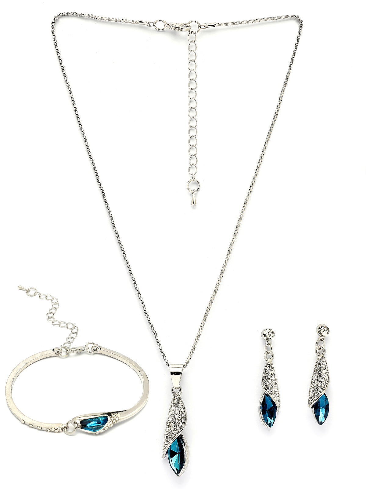 Scintillare By Sukkhi Italian Fashionable Design Rhodium Plated Crystal Stone Studded Non Precious Metal Blue Pendant with Dangle Earring Bracelet Combo Jewellery for Women & Girls|CBMIX107209
