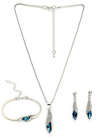 Scintillare By Sukkhi Italian Fashionable Design Rhodium Plated Crystal Stone Studded Non Precious Metal Blue Pendant with Dangle Earring Bracelet Combo Jewellery for Women & Girls|CBMIX107209