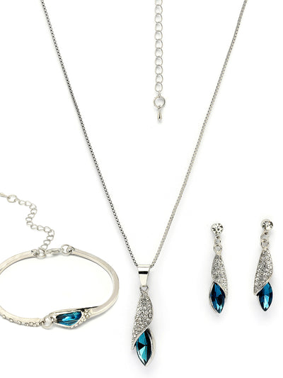 Scintillare By Sukkhi Italian Fashionable Design Rhodium Plated Crystal Stone Studded Non Precious Metal Blue Pendant with Dangle Earring Bracelet Combo Jewellery for Women & Girls|CBMIX107209