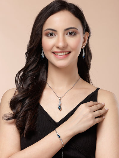 Scintillare By Sukkhi Italian Fashionable Design Rhodium Plated Crystal Stone Studded Non Precious Metal Blue Pendant with Dangle Earring Bracelet Combo Jewellery for Women & Girls|CBMIX107209
