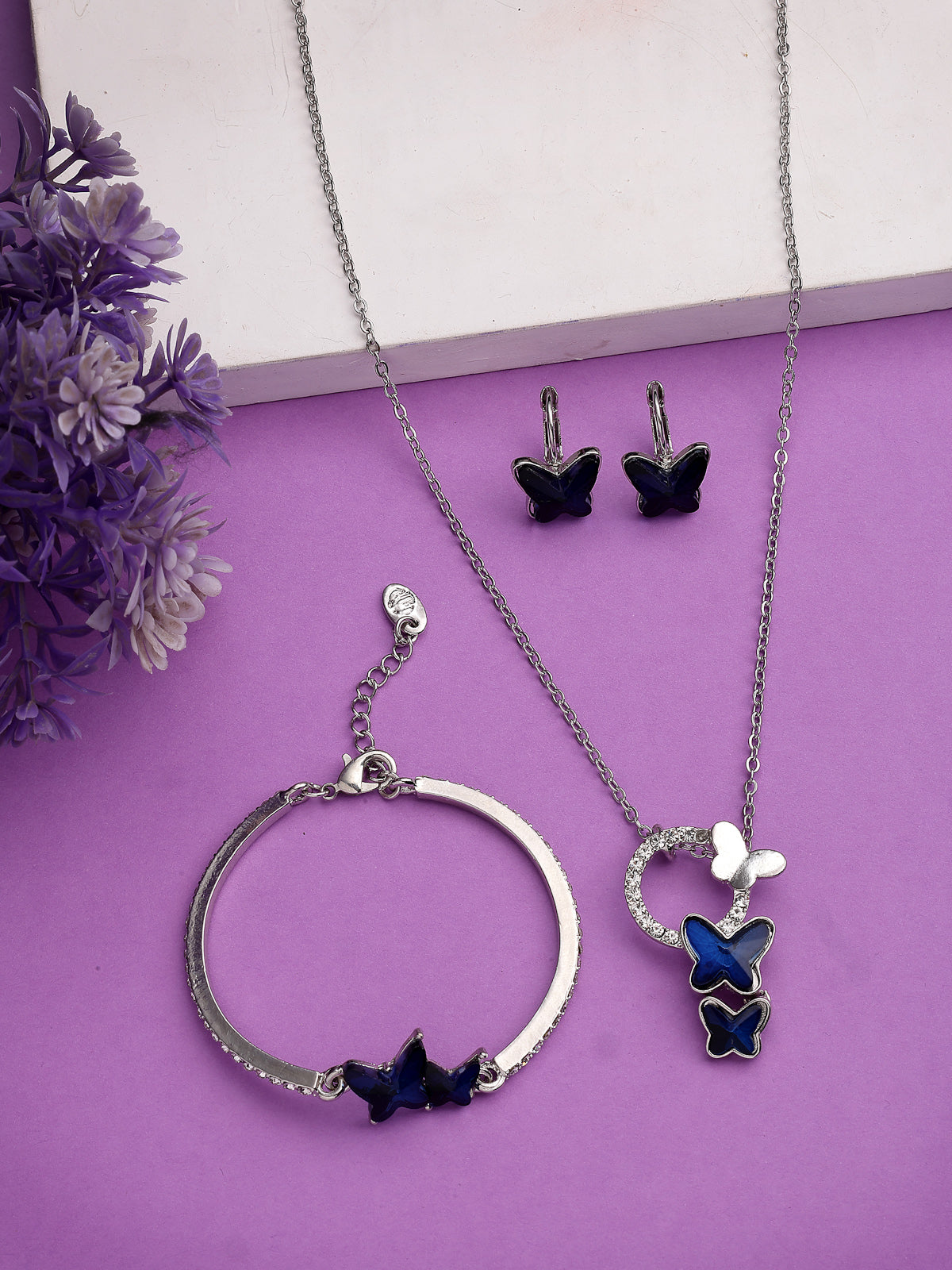 Scintillare By Sukkhi Butterfly Shaped Platinum Plated with Crystal Diamond Studded Pendant Chain Drop Earring Bracelet Blue Combo Jewellery for Women & Girls|CBMIX107210