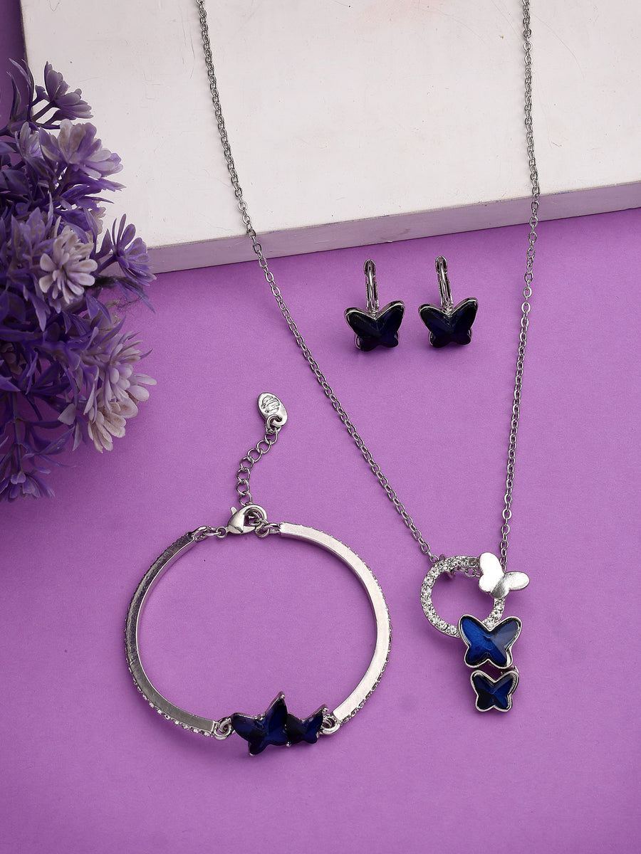 Scintillare By Sukkhi Butterfly Shaped Platinum Plated with Crystal Diamond Studded Pendant Chain Drop Earring Bracelet Blue Combo Jewellery for Women & Girls|CBMIX107210