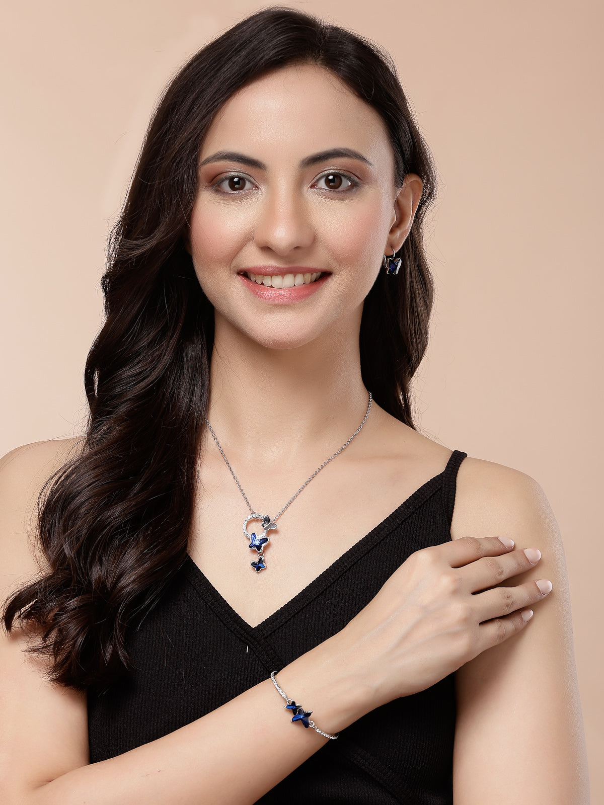 Scintillare By Sukkhi Butterfly Shaped Platinum Plated with Crystal Diamond Studded Pendant Chain Drop Earring Bracelet Blue Combo Jewellery for Women & Girls|CBMIX107210