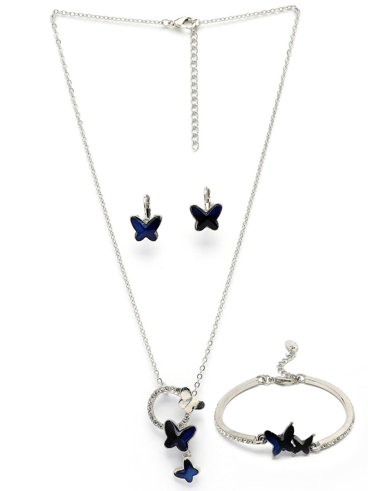 Scintillare By Sukkhi Butterfly Shaped Platinum Plated with Crystal Diamond Studded Pendant Chain Drop Earring Bracelet Blue Combo Jewellery for Women & Girls|CBMIX107210