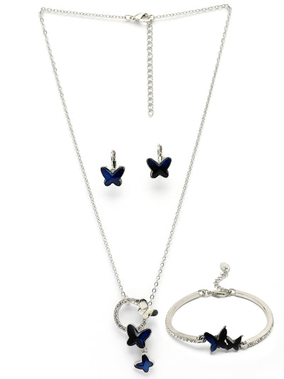 Scintillare By Sukkhi Butterfly Shaped Platinum Plated with Crystal Diamond Studded Pendant Chain Drop Earring Bracelet Blue Combo Jewellery for Women & Girls|CBMIX107210