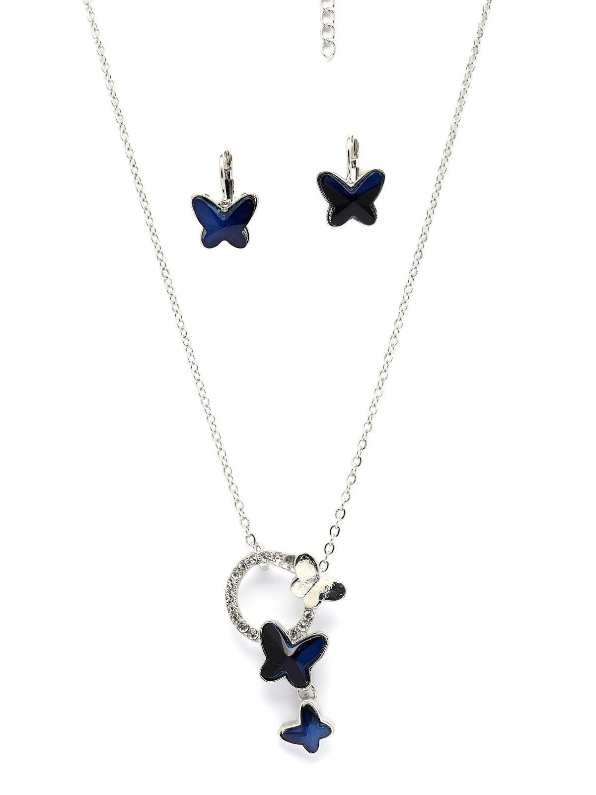 Scintillare By Sukkhi Butterfly Shaped Platinum Plated with Crystal Diamond Studded Pendant Chain Drop Earring Bracelet Blue Combo Jewellery for Women & Girls|CBMIX107210
