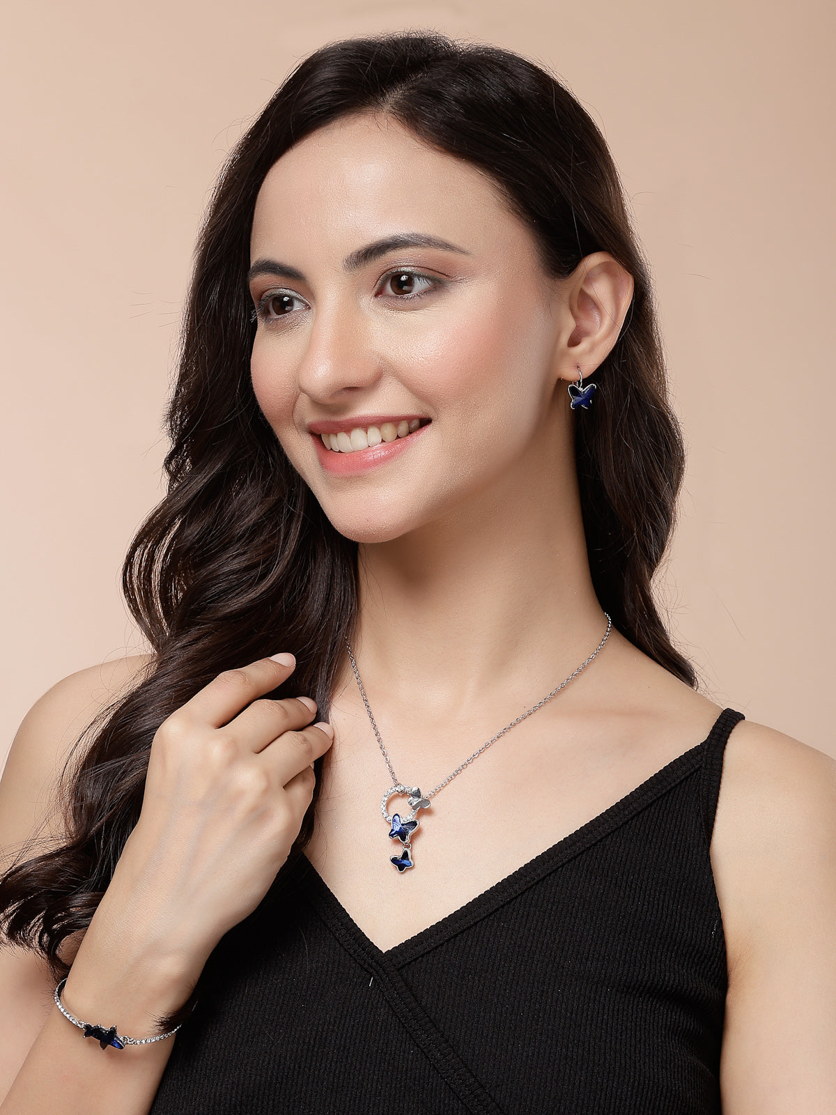 Scintillare By Sukkhi Butterfly Shaped Platinum Plated with Crystal Diamond Studded Pendant Chain Drop Earring Bracelet Blue Combo Jewellery for Women & Girls|CBMIX107210