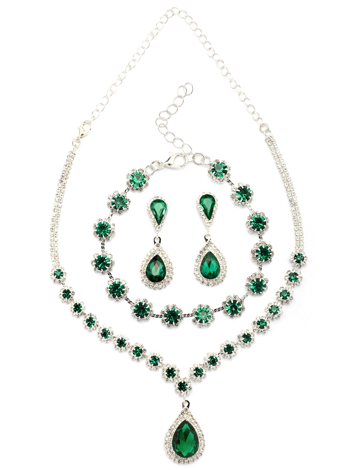 Sukkhi Ornamental Stylish AD Stone Diamonds Studded Rhodium Plated Silver Green Drop Choker Necklace with Drop Earring Combo Jewellery Set for Women & Girls|CBMIX107313