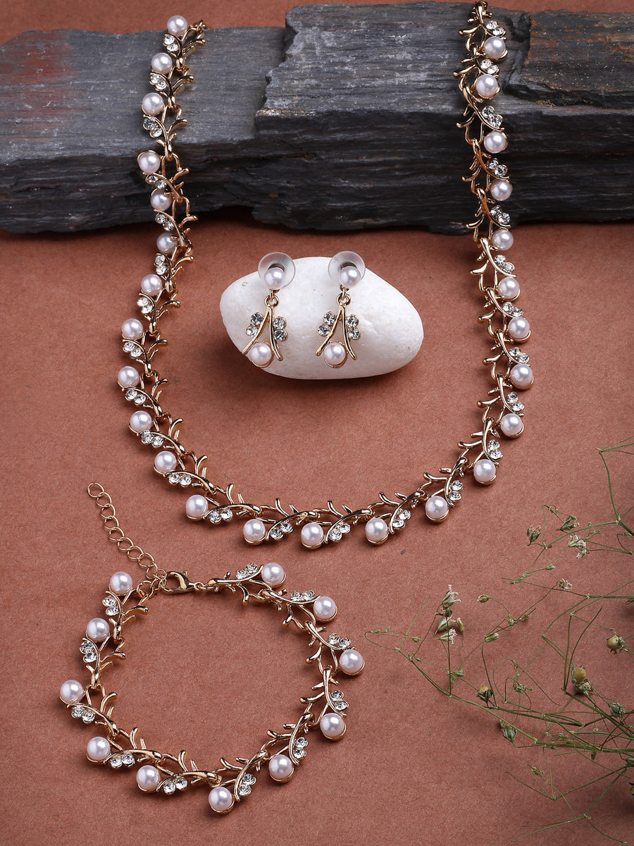 Sukkhi Most Beautiful Faux Pearls & AD Stones Gold Plated White Choker Necklace with Drop Earring & Bracelet Combo Jewellery Set For Women & Girls|CBMIX107314