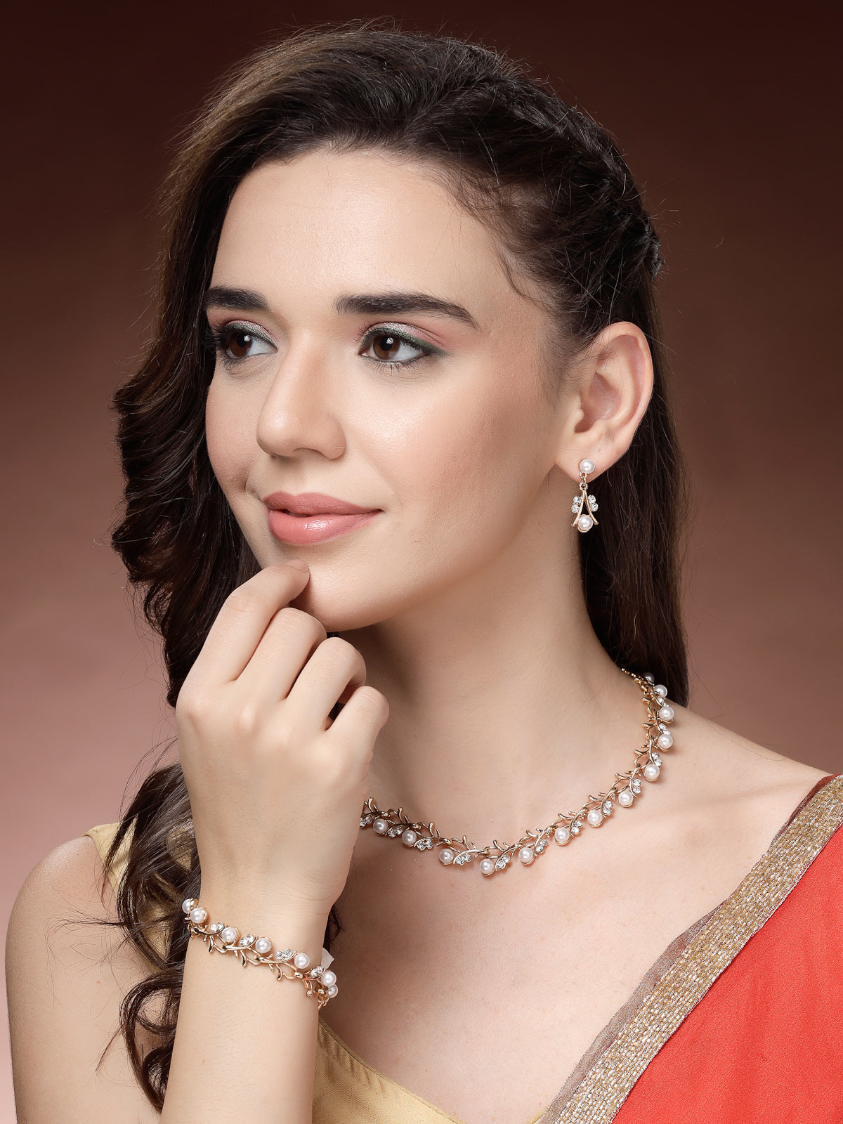 Sukkhi Most Beautiful Faux Pearls & AD Stones Gold Plated White Choker Necklace with Drop Earring & Bracelet Combo Jewellery Set For Women & Girls|CBMIX107314