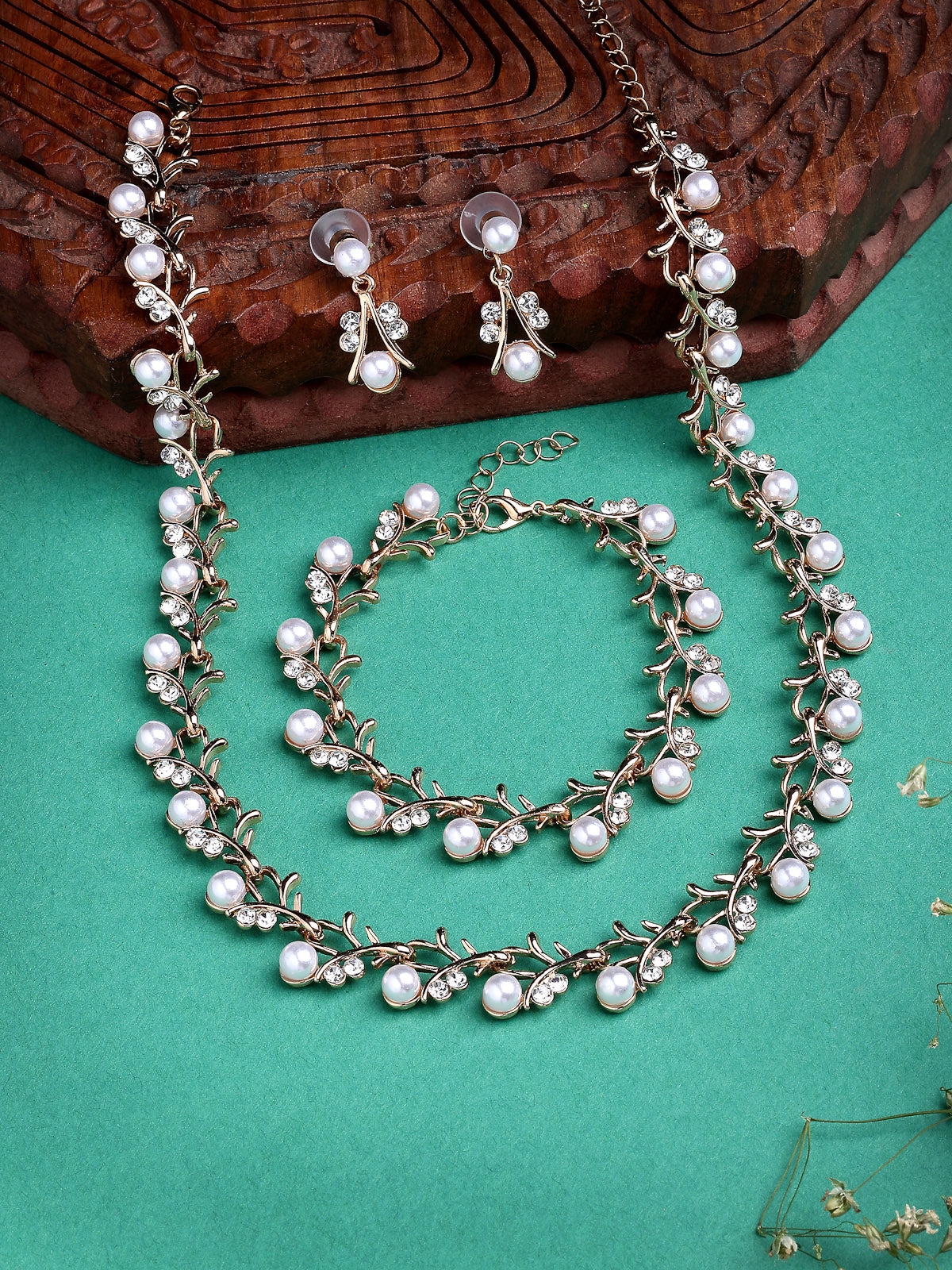 Sukkhi Most Beautiful Faux Pearls & AD Stones Gold Plated White Choker Necklace with Drop Earring & Bracelet Combo Jewellery Set For Women & Girls|CBMIX107314