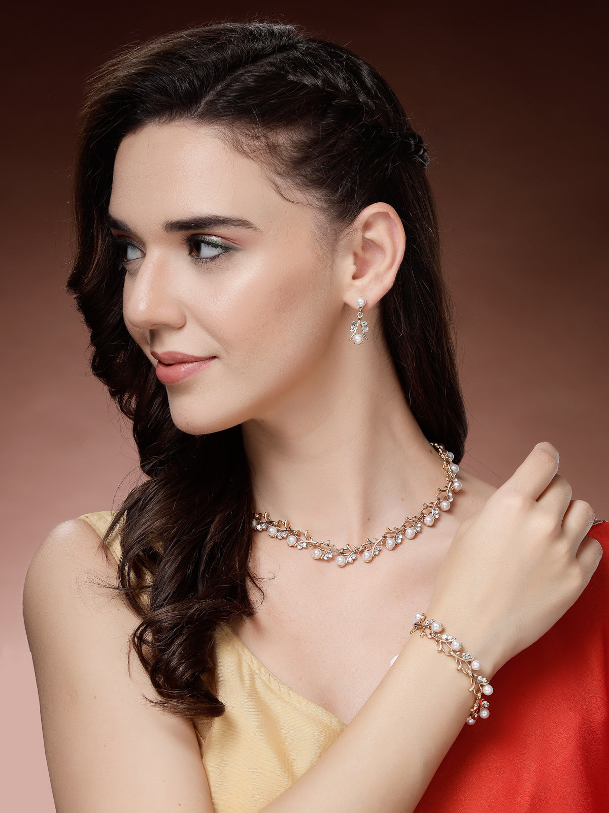 Sukkhi Most Beautiful Faux Pearls & AD Stones Gold Plated White Choker Necklace with Drop Earring & Bracelet Combo Jewellery Set For Women & Girls|CBMIX107314