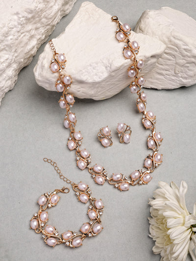 Sukkhi Eye-Catchy Stylish Design Gold Plated Faux Pearls Studded White Choker Necklace with Studs Earring & Bracelet Combo Jewellery Set For Women & Girls|CBMIX107315