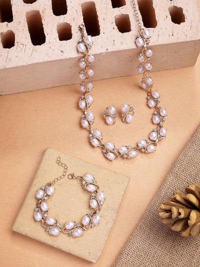 Sukkhi Eye-Catchy Stylish Design Gold Plated Faux Pearls Studded White Choker Necklace with Studs Earring & Bracelet Combo Jewellery Set For Women & Girls|CBMIX107315
