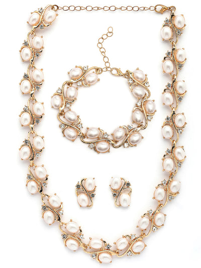 Sukkhi Eye-Catchy Stylish Design Gold Plated Faux Pearls Studded White Choker Necklace with Studs Earring & Bracelet Combo Jewellery Set For Women & Girls|CBMIX107315
