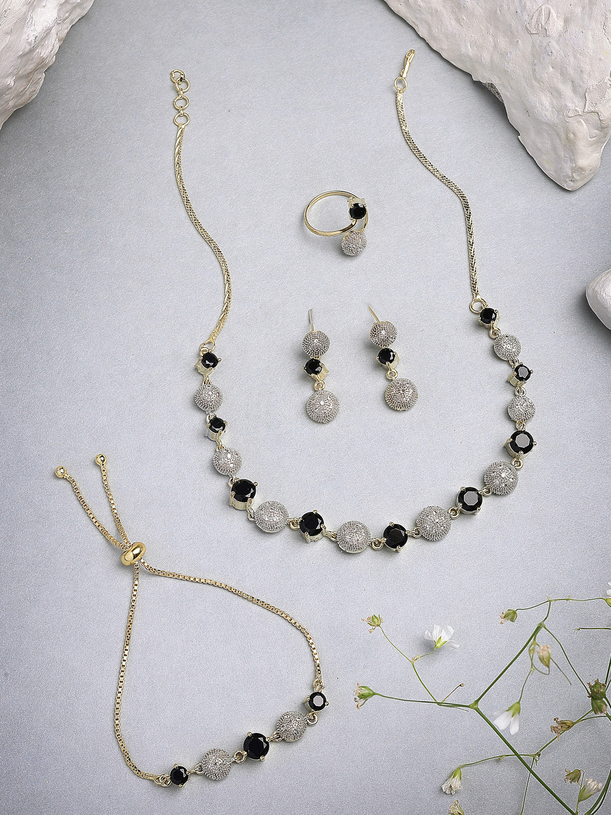 Sukkhi Western Stylish Silver Gold Plated American Diamond Studded Choker Necklace with Drop Earring Bracelet & Ring Jewellery Combo Set For Women & Girls|CBMIX107316