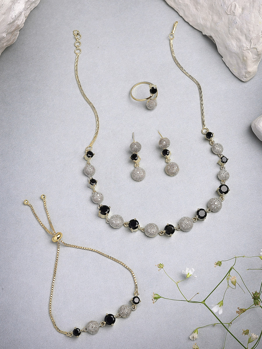 Sukkhi Western Stylish Silver Gold Plated American Diamond Studded Choker Necklace with Drop Earring Bracelet & Ring Jewellery Combo Set For Women & Girls|CBMIX107316