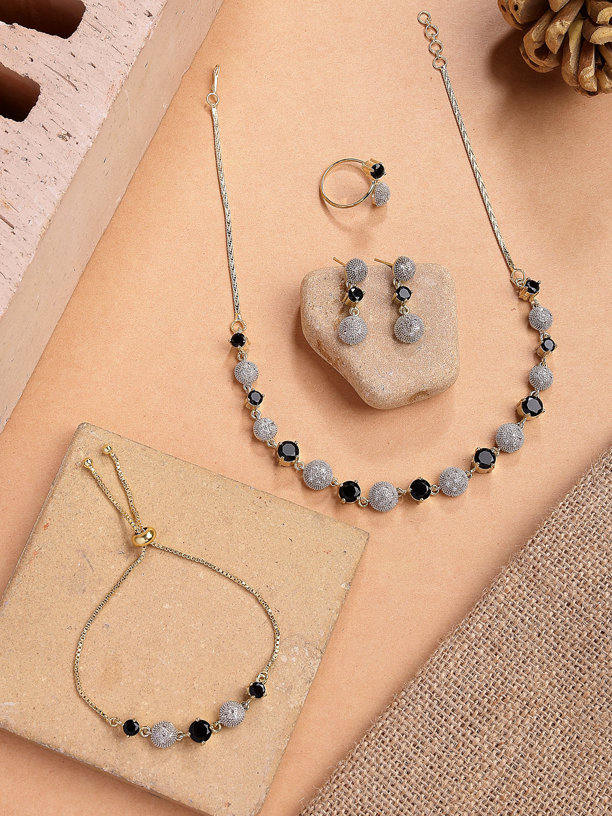 Sukkhi Western Stylish Silver Gold Plated American Diamond Studded Choker Necklace with Drop Earring Bracelet & Ring Jewellery Combo Set For Women & Girls|CBMIX107316