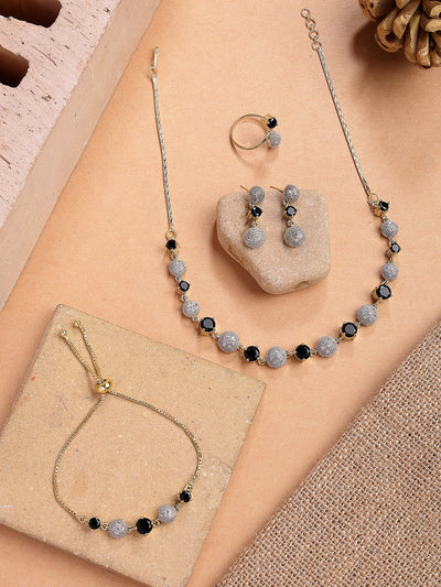 Sukkhi Western Stylish Silver Gold Plated American Diamond Studded Choker Necklace with Drop Earring Bracelet & Ring Jewellery Combo Set For Women & Girls|CBMIX107316