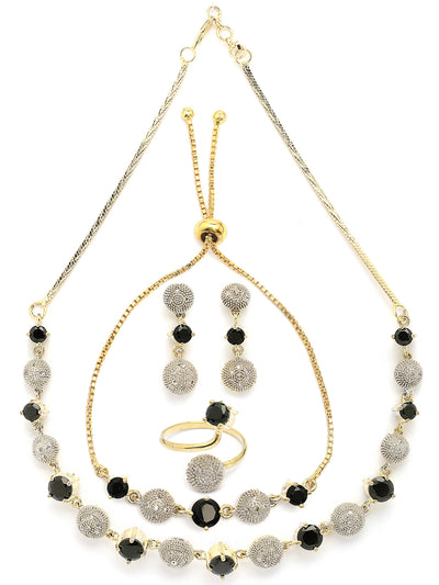 Sukkhi Western Stylish Silver Gold Plated American Diamond Studded Choker Necklace with Drop Earring Bracelet & Ring Jewellery Combo Set For Women & Girls|CBMIX107316