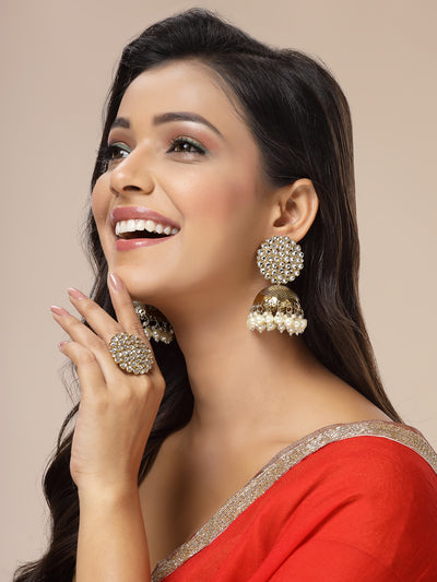 Sukkhi Traditional Fashion Antique Gold Plated Kundan & Pearls Studded Jhumka/Jhumki Earring Ring Combo Set Jewellery for Women & Girls|CBMIX107433