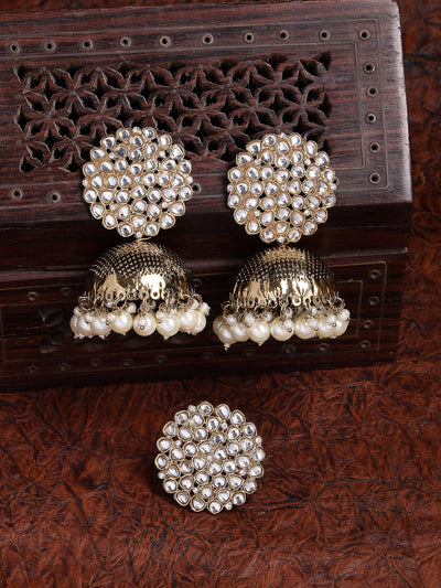 Sukkhi Traditional Fashion Antique Gold Plated Kundan & Pearls Studded Jhumka/Jhumki Earring Ring Combo Set Jewellery for Women & Girls|CBMIX107433