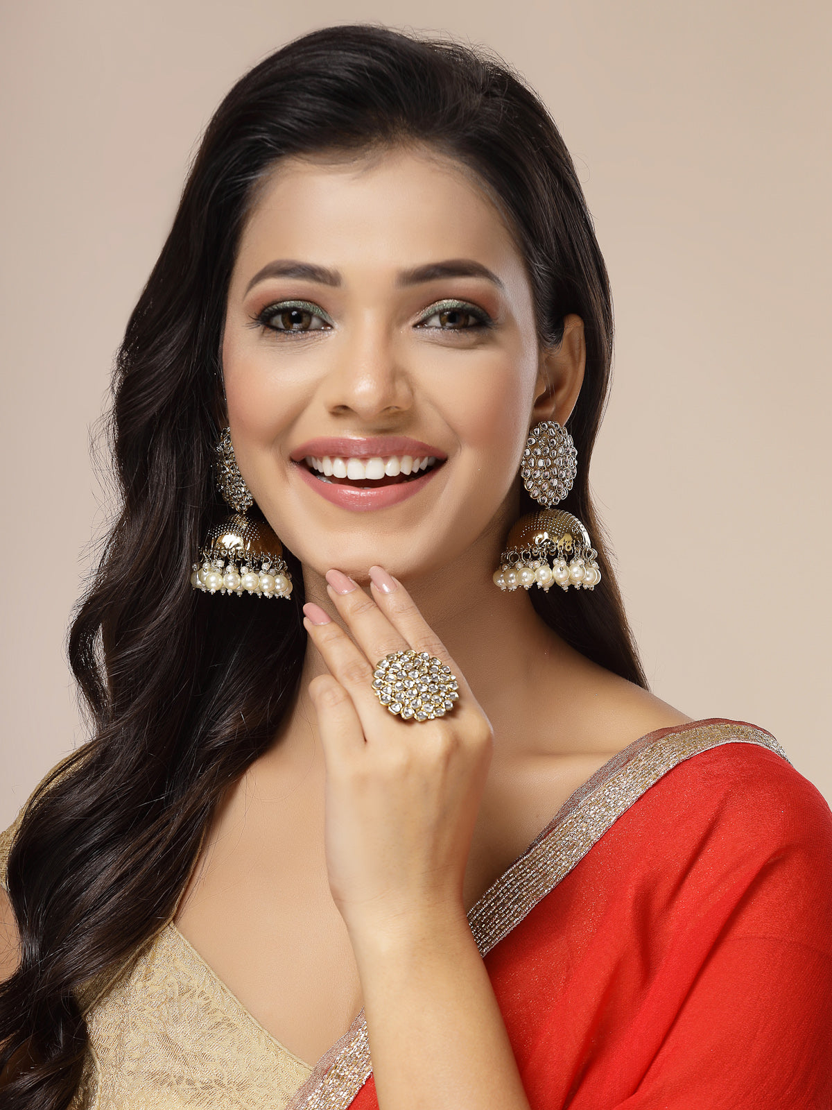 Sukkhi Traditional Fashion Antique Gold Plated Kundan & Pearls Studded Jhumka/Jhumki Earring Ring Combo Set Jewellery for Women & Girls|CBMIX107433
